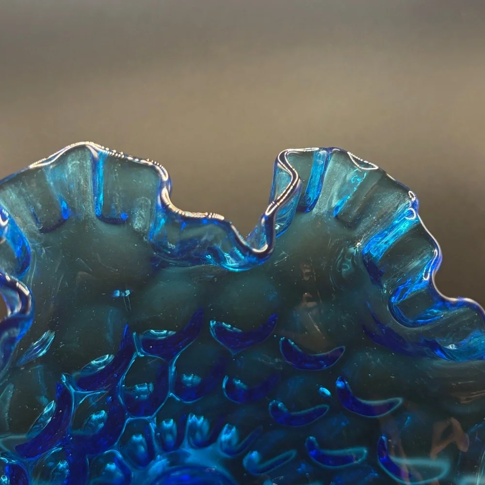 Vintage Fenton Blue Ruffle Thumbprint Glass Pedestal Candy Dish Compote Tazza